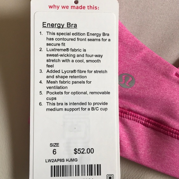 NWT HJMG PINK LULULEMON ENERGY BRA - - Size 4 - Picture 7 of 8